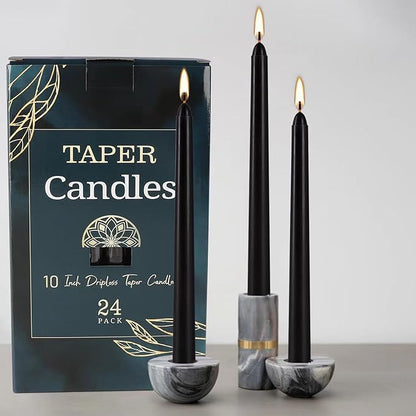 24 Pack Black Taper Candles, 7-8 Hours Burn Time, Unscented, Smokeless and Dripless, 0.75 x 10 Inch