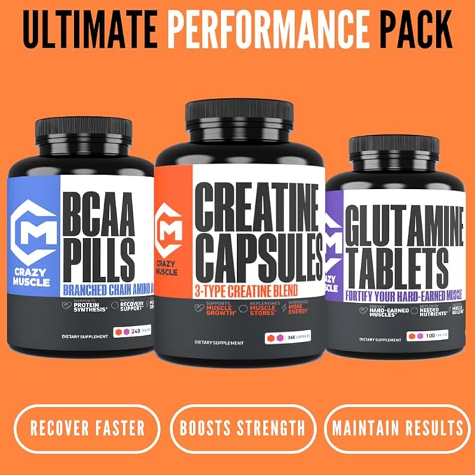 Crazy Muscle Creatine Capsules, 5g of Premium 3X ThreeAtine Pre Workout Bulk Mass Gainer, High