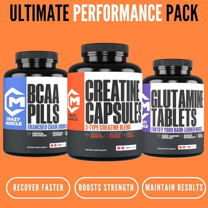 Crazy Muscle Creatine Capsules, 5g of Premium 3X ThreeAtine Pre Workout Bulk Mass Gainer, High