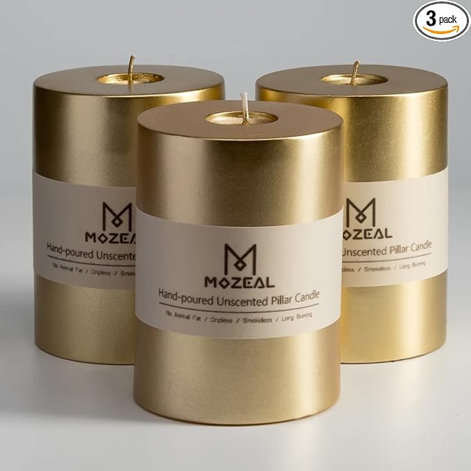 MOZEAL 3" x 4" Hand-Poured Unscented Candle,Dripless Pillar Candle Set of 3,Long Clean