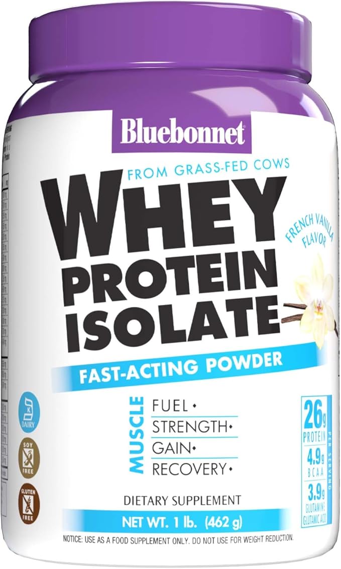 Bluebonnet Grass Fed Whey Protein Isolate 26 g Energy & Workout Recovery BCAA Amino Acids