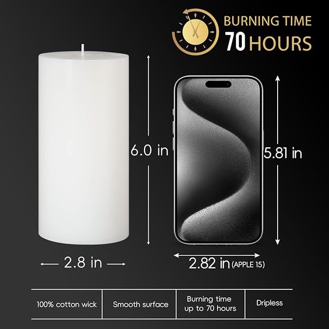 3 Packs Dripless 2.8x6 Inch White Pillar Candles, Unscented Large Wax Cylinder Column Candles for