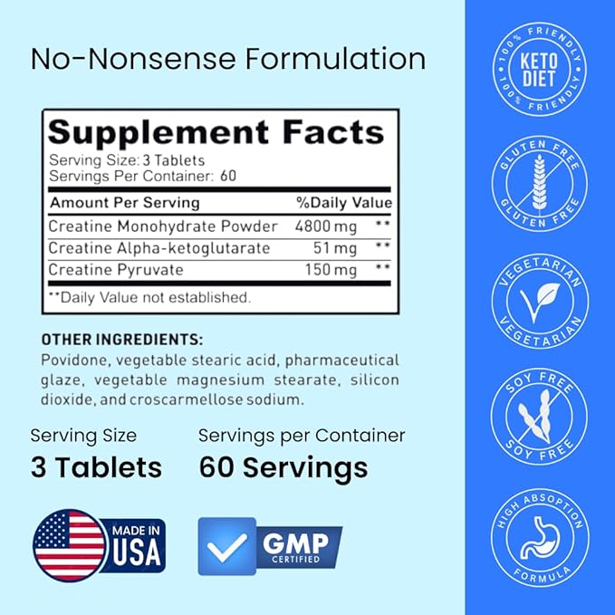 Crazy Muscle Creatine Monohydrate Pills, Premium 3 Type 5g Creatine Pills, Pre and PostWorkout &