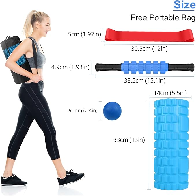 5 in 1 Foam Roller Set Includes Hollow Core Massage Roller, Yoga Stick, Massage Ball, Fitness