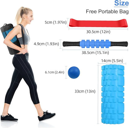 5 in 1 Foam Roller Set Includes Hollow Core Massage Roller, Yoga Stick, Massage Ball, Fitness