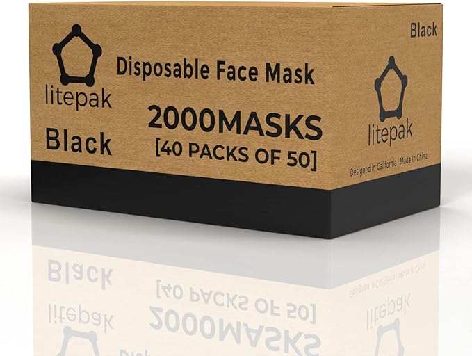 Litepak 2000pcs Disposable Face Masks Black 3-Ply Adult Mask Nose Wire Protection - Breathable