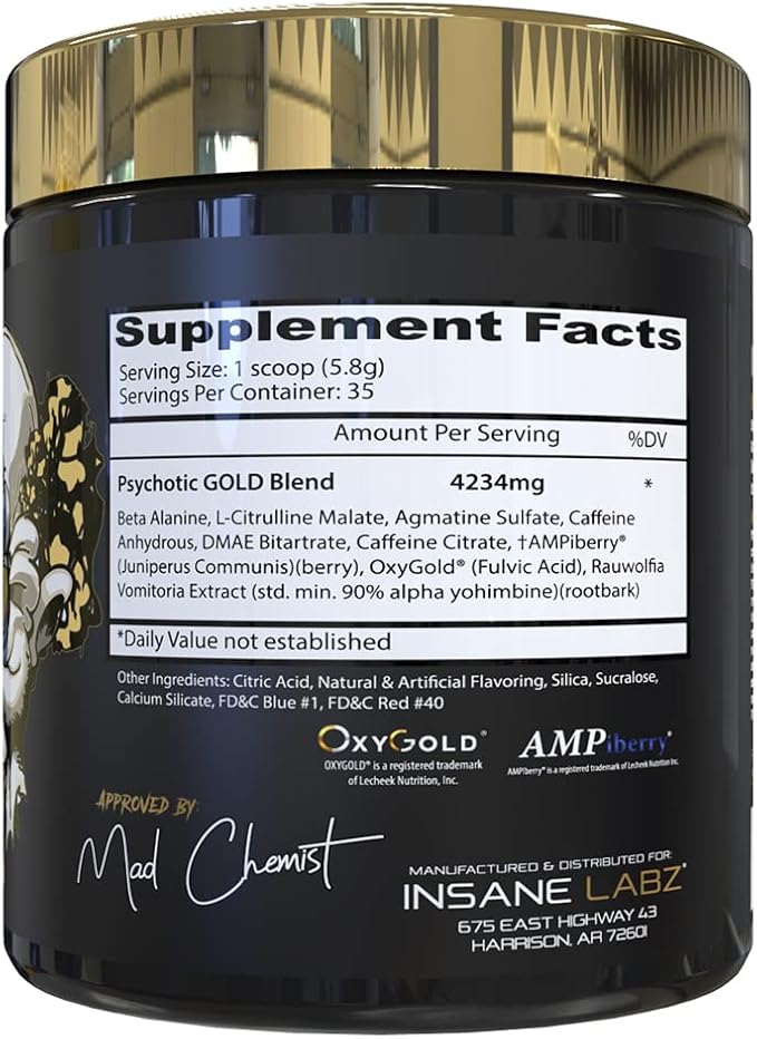 Insane Labz Psychotic Gold, High Stimulant Pre Workout Powder, Extreme Lasting Energy Focus, Pumps