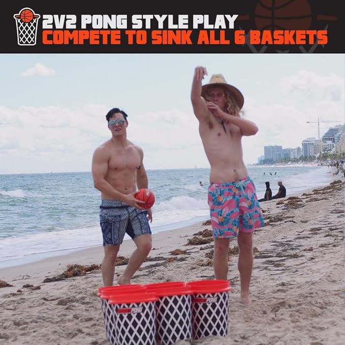 Giant Yard Pong and Basketball Game with 12 Buckets, 2 Balls, Carrying Bag, and Air Pump – Outdoor