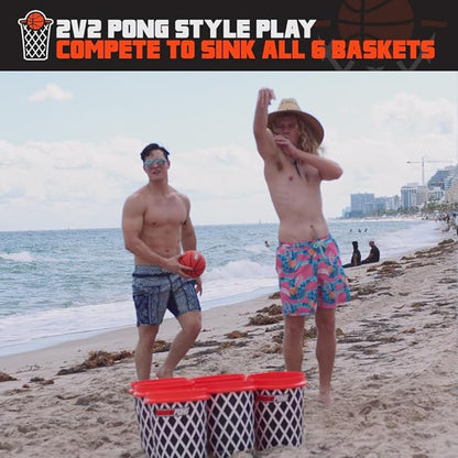 Giant Yard Pong and Basketball Game with 12 Buckets, 2 Balls, Carrying Bag, and Air Pump – Outdoor