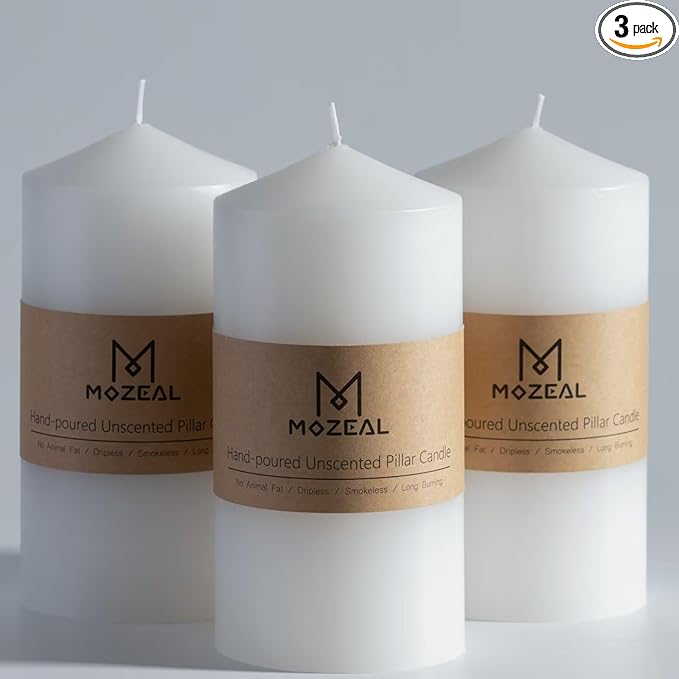 MOZEAL 3" x 6" Hand-Poured Unscented White Pillar Candles,Dripless Candles Set of 3,Long Lasting