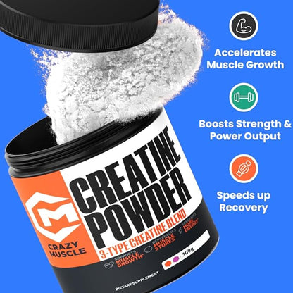Crazy Muscle Creatine Monohydrate Powder, 5000mg Premium 3X ThreeAtine Pre Workout Mass Gainer