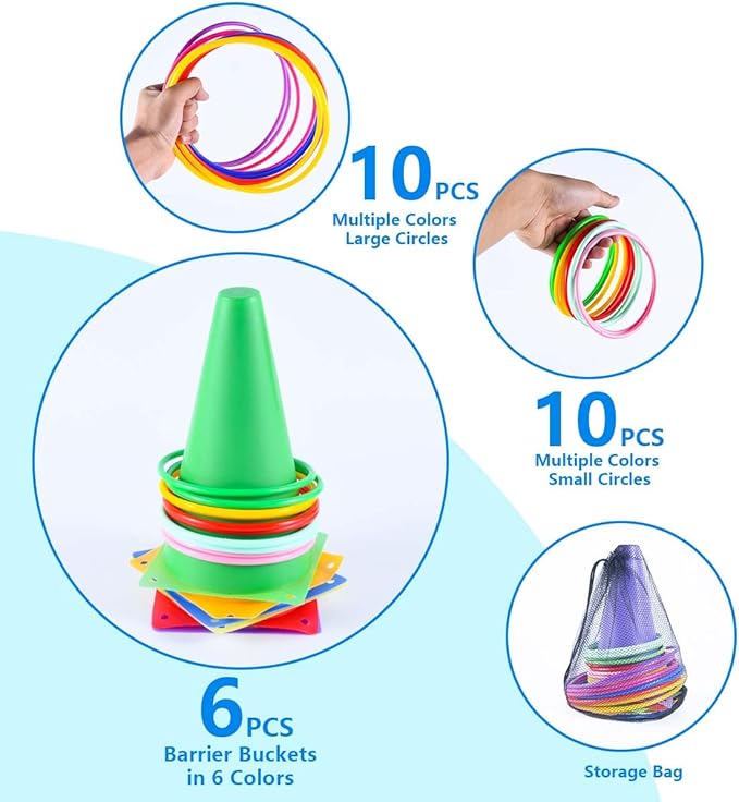 OBTANIM 26 Pcs Plastic Colorful Cones Ring Toss Combo Set Outdoor Carnival Games for Kids Adults