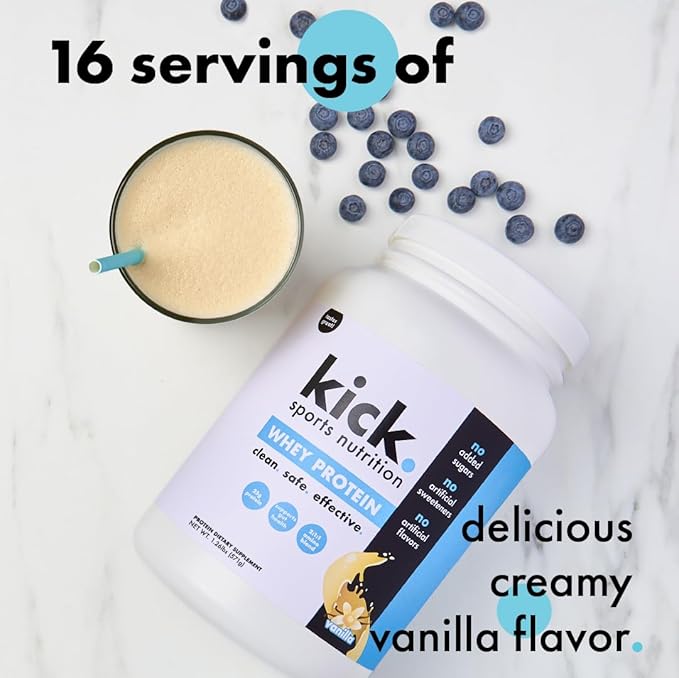 Kick Whey Protein Powder, Vanilla Flavor, 25 G Protein, Gluten Free Workout Supplement With Amino
