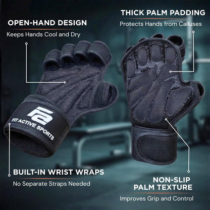 New Ventilated Weight Lifting Gloves with Built-In Wrist Wraps, Full Palm Protection & Extra Grip.