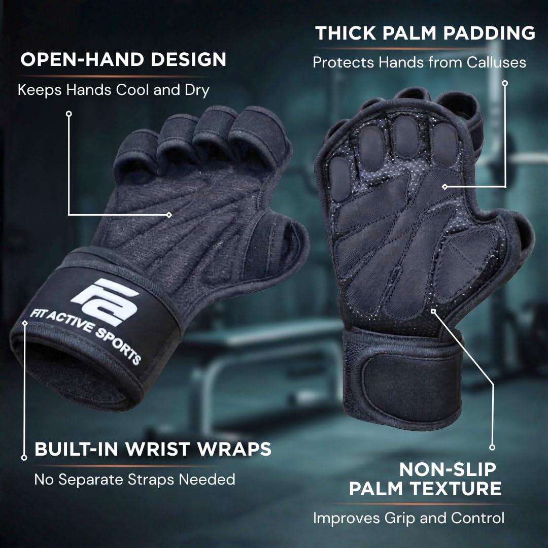 Fit Active Sports Ventilated Weight Lifting Gloves with Built-in Wrist Wraps, Workout Fingerless