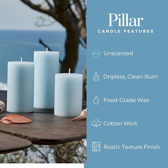 Simply Soson 3x4, 3x6, 3x8 inch Light Blue Pillar Candles, Set of 3 Pillar Candles, Rustic Texture