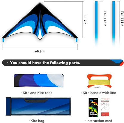 Blue Delta Kite Easy to Fly,Beach Trip Outdoor Games Single Line String with Tail,Easy Flying