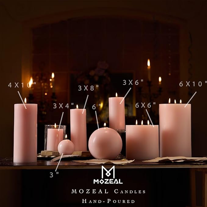 MOZEAL 3" x 4" Hand-Poured Unscented Blush Candle, Dripless Light Pink Pillar Candle Set of 3, Long