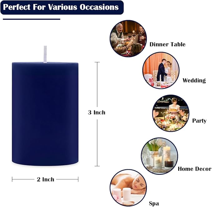 4 Packs Unscented 2x3 Inch Navy Blue Pillar Candles, Small Dripless Colored Wax Column Cylinder