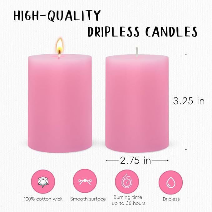 6 Packs 2.75x3.25 Inch Pink Pillar Candles, Unscented Dripless Non-Toxic Pastel Colored Smokeless