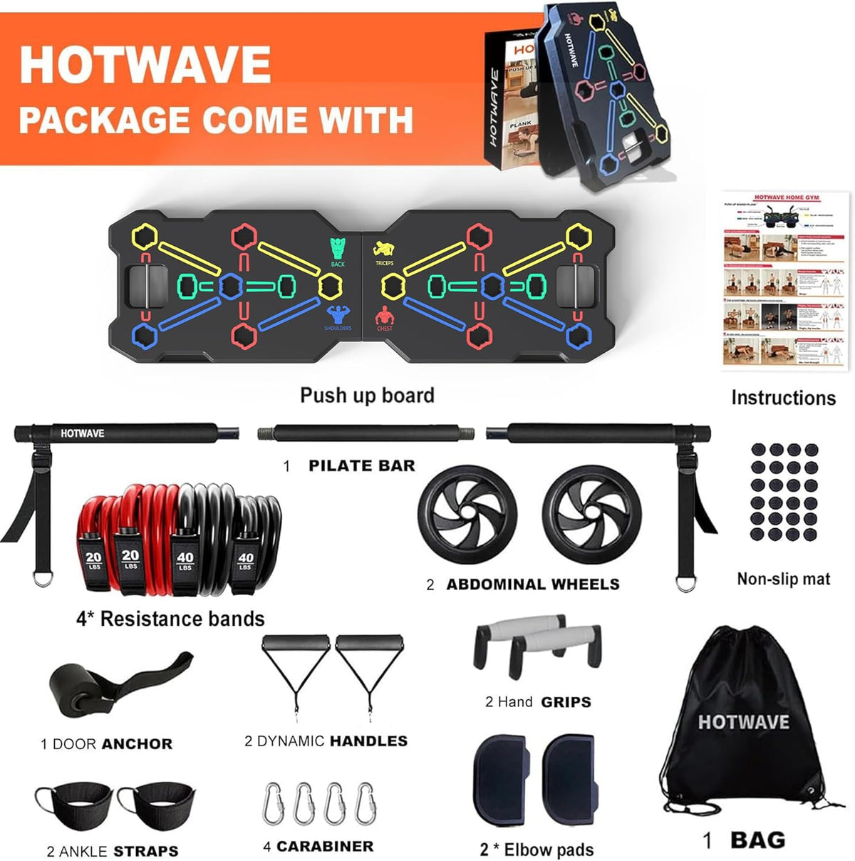 Portable Home Gym Workout System with Push-Up Board, Plank Trainer, Resistance Bands, Ab Roller &