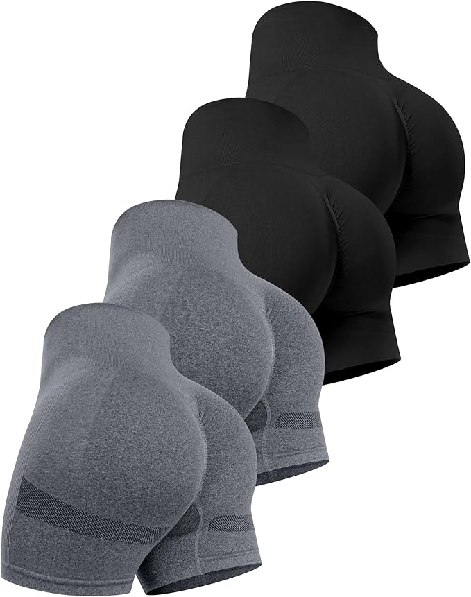 CHRLEISURE Women's 4 Packs Workout Gym Shorts, High Waisted Butt Lifting Scrunch Butt Seamless