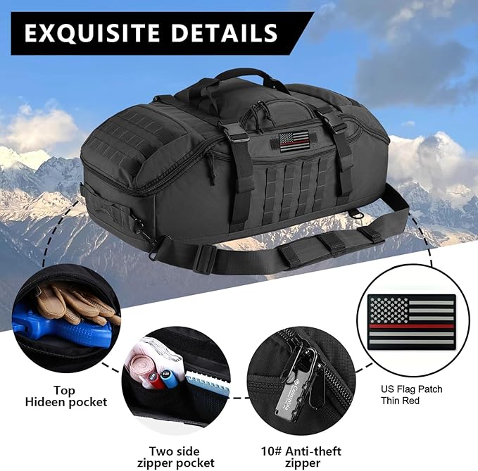 65L Large Duffle Bag, 3-in-1 Tactical Backpack MOLLE Pack for Workout, Sports, Gym, Outdoor, Black
