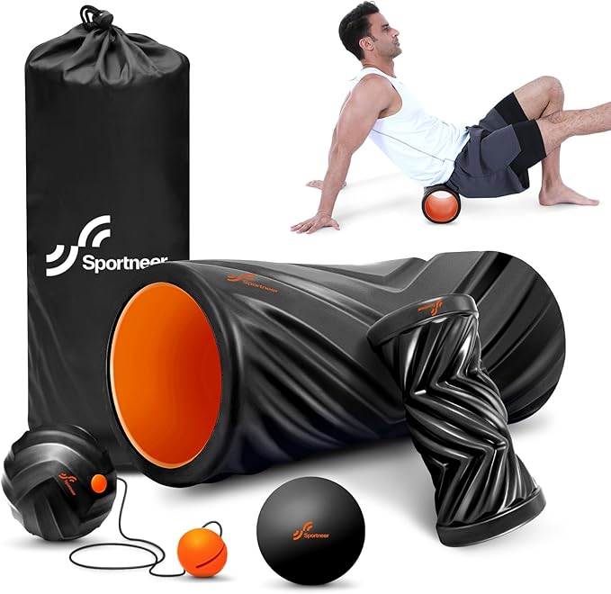 Sportneer 4 in 1 Foam Roller Set: Dual Textures Foam Roller, Foot Roller, Lacrosse Ball, Traction