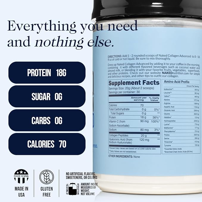 NAKED Collagen Advanced - Peptides Protein Powder, Hyaluronic Acid, Vitamin C, Pasture-Raised
