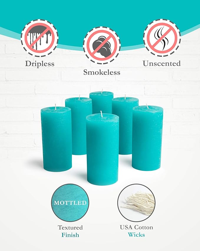 Mottled Pillar Candles by Bask - Set of 6-3" x 6" Dripless Unscented Candles in Turquoise for Home