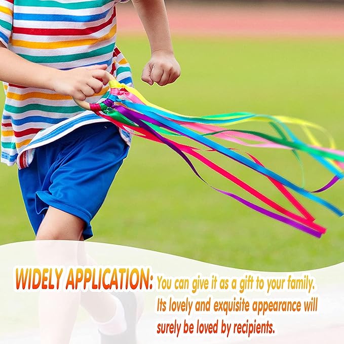 12 Pcs Rainbow Ribbon Wooden Waldorf Toys Creative Waldorf Hand Kite Set Streamers with Wood Ring