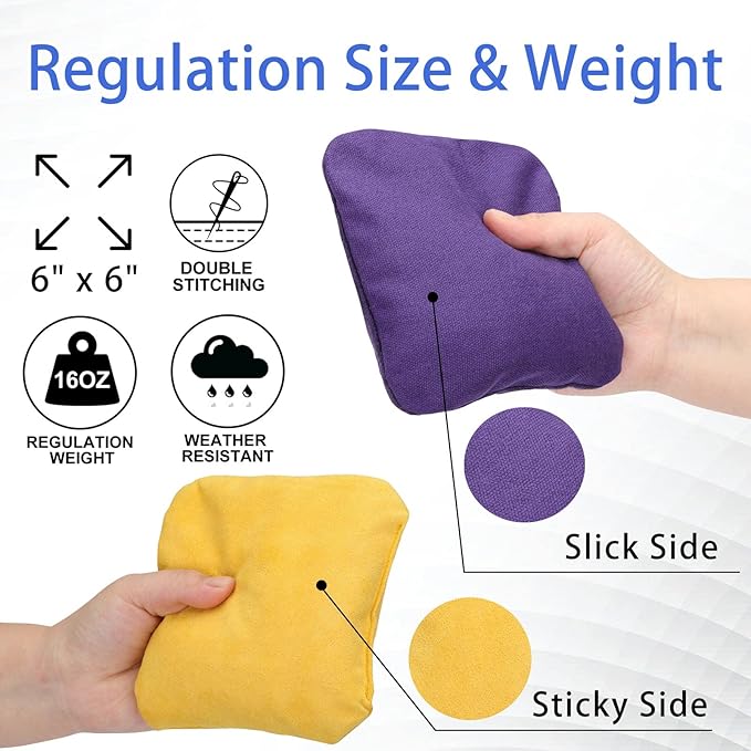 EunHo Dual Sided Cornhole Bags Regulation Set of 8 Professional Cornhole Bean Bags Slick and Stick
