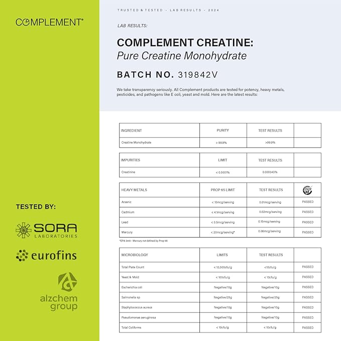 Complement Creatine Monohydrate Micronized Powder for Women and Men (5g, 60 Servings) Pre Workout