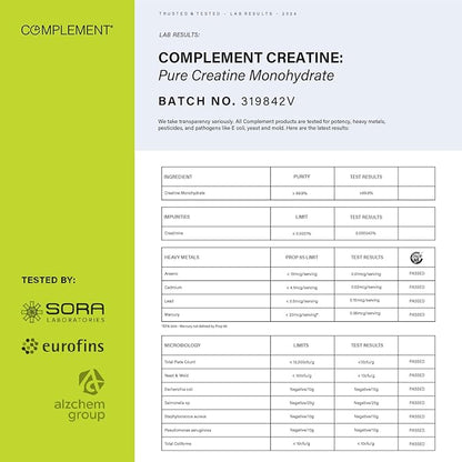 Complement Creatine Monohydrate Micronized Powder for Women and Men (5g, 60 Servings) Pre Workout