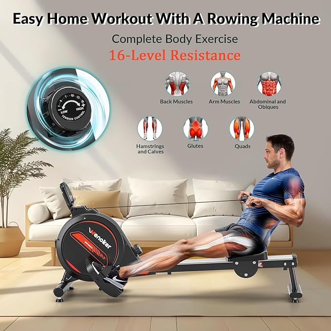 Rowing Machine,Wenoker Magnetic Rower Machine for Home,App Supported 350 LB Weight Capacity, Smooth