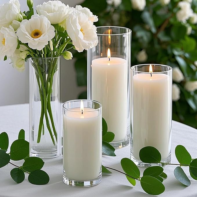 36 PCS White Pillar Candles with Glass Candle Holders Clear Hurricane Candle Holders Glass Cylinder