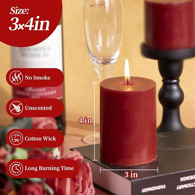KONNI Dark Red Pillar Candles Set of 3, 3"x 4" Unscented Pillar Candles Bulk, 39 Hours Long Burning