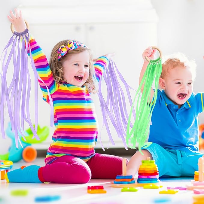 Junkin Ribbon Rings Hand Kite Waldorf Toys Dancing Wrist Ribbons Rainbow Streamers with Wood Ring