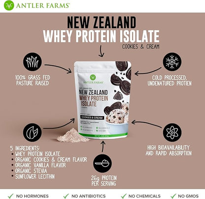 Antler Farms - 100% Grass Fed New Zealand Whey Protein Isolate, Cookies & Cream Flavor, 2 lbs