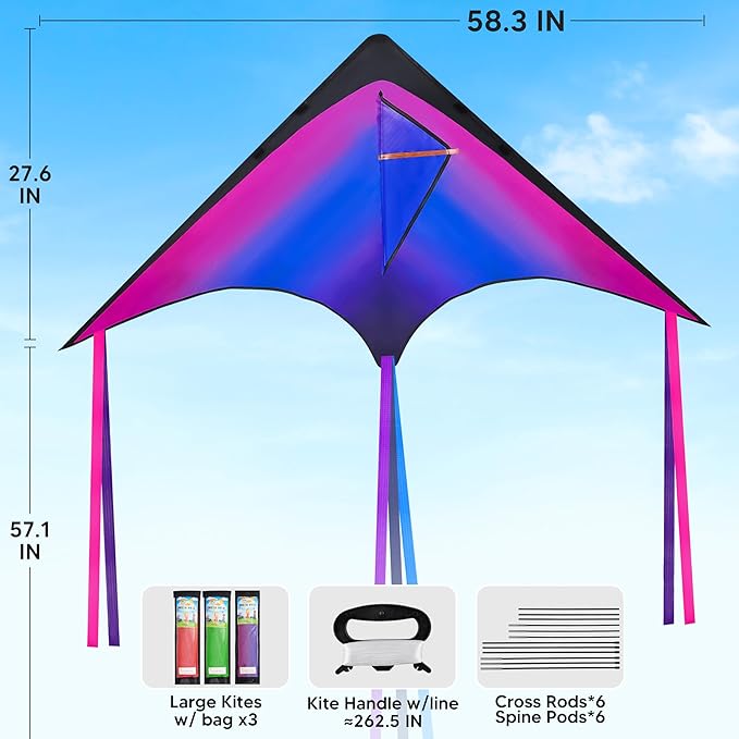 JOYIN Large Delta Kite Red, Green and Purple, Easy to Fly Huge for Kids and Adults with 262.5ft