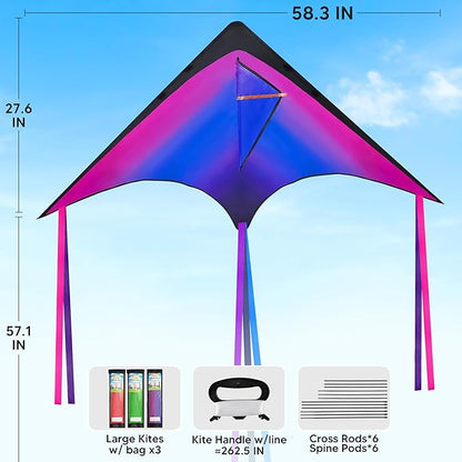 JOYIN Large Delta Kite Red, Green and Purple, Easy to Fly Huge for Kids and Adults with 262.5ft