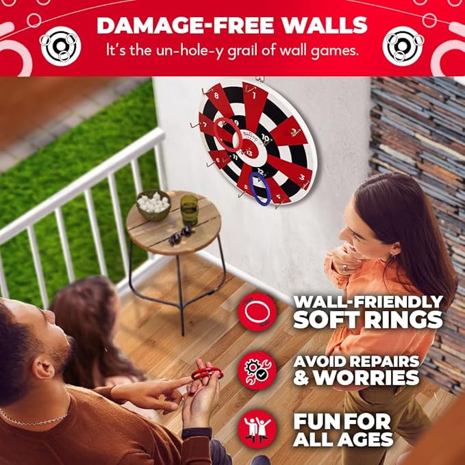 Swooc Games® ‒ Hook Darts Ring Toss Game ‒ Wood Board & Soft Rings ‒ 20+ Games Included for Kids &