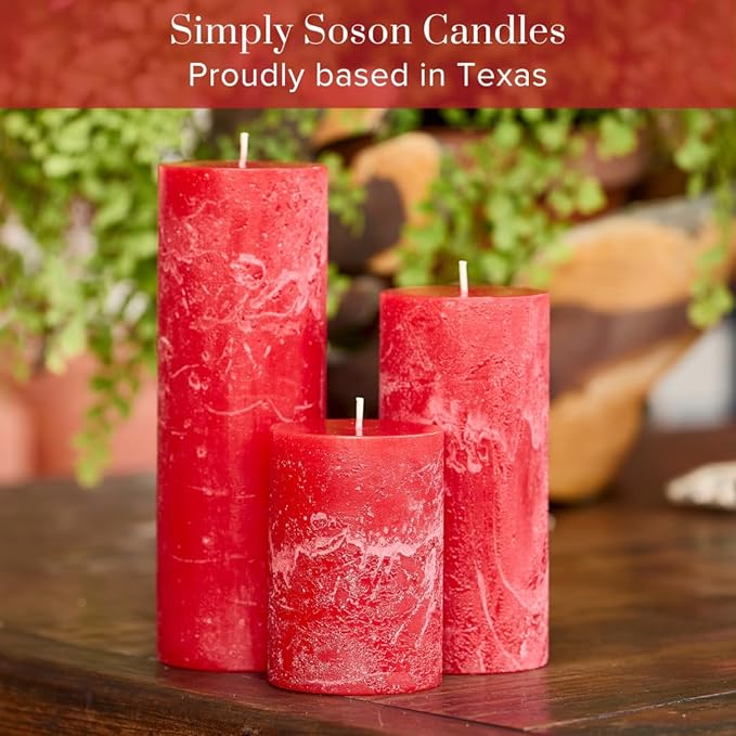 Simply Soson 3x4, 3x6, 3x8 inch Red Pillar Candles, Set of 3 Pillar Candles, Rustic Texture