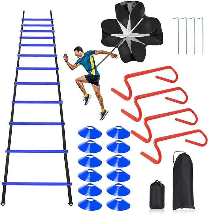 Speed & Agility Ladder Training Equipment Set, Includes 12 Rung 20ft Agility Ladder, 4 Agility