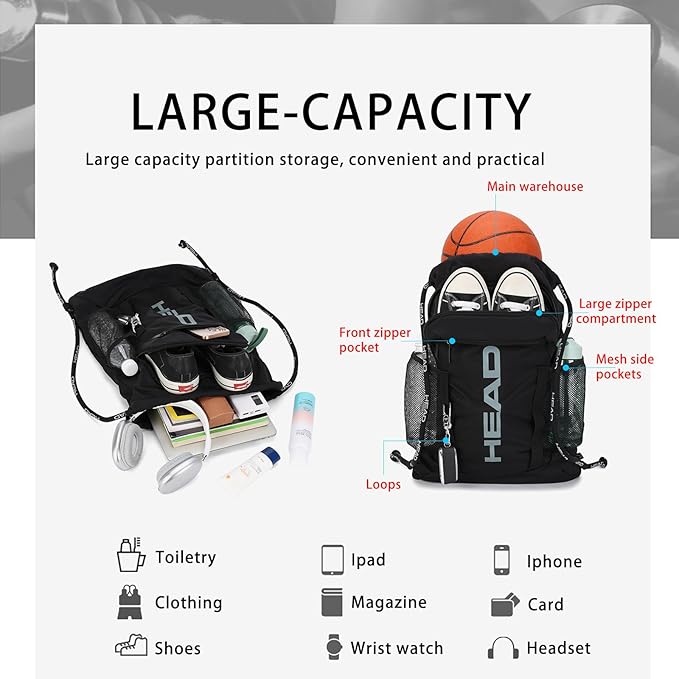 HEAD Waterproof Gym Sackpack for Sport with 2 Zipper Pockets, Large Drawstring Backpacks for Men