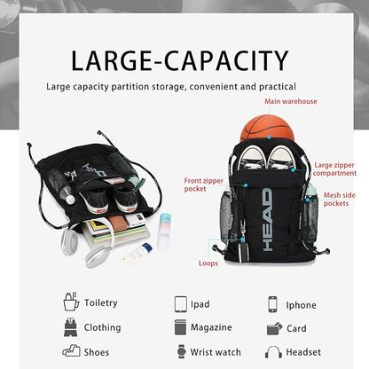 HEAD Waterproof Gym Sackpack for Sport with 2 Zipper Pockets, Large Drawstring Backpacks for Men
