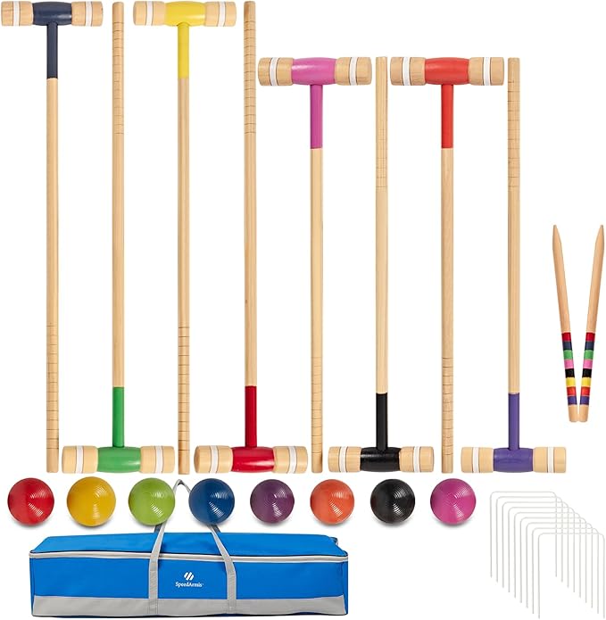 8 Players Croquet Set with 32In Regulation | 28In Standard Size Rubber Wood Mallets, Colored PE