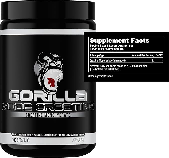 Gorilla Mind Creatine Monohydrate Micronized Powder, Improved Muscle Size, Power Output and