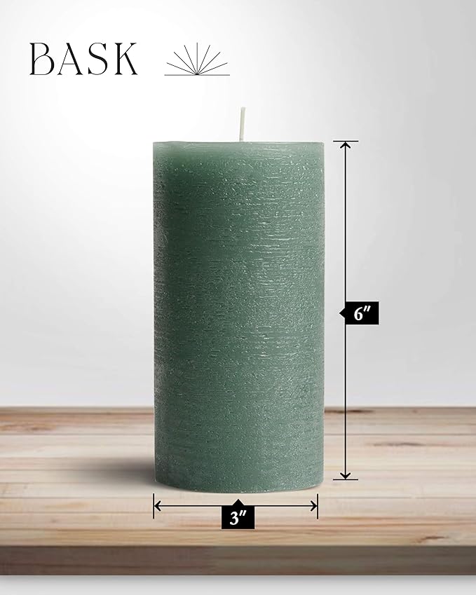 Mottled Pillar Candles by Bask - Set of 6-3" x 6" Dripless Unscented Candles in Dark Green for Home