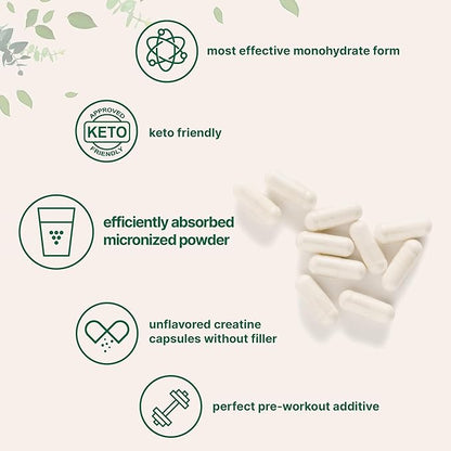 Creatine Monohydrate 5,000mg, 500 Capsules | Pure Creatine Pills – Micronized + Unflavored Powder